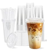 Clawsoff 100 Pack 20 oz Disposable Clear Plastic Cups with Lids and Straws, Leak-Proof Sturdy Col...