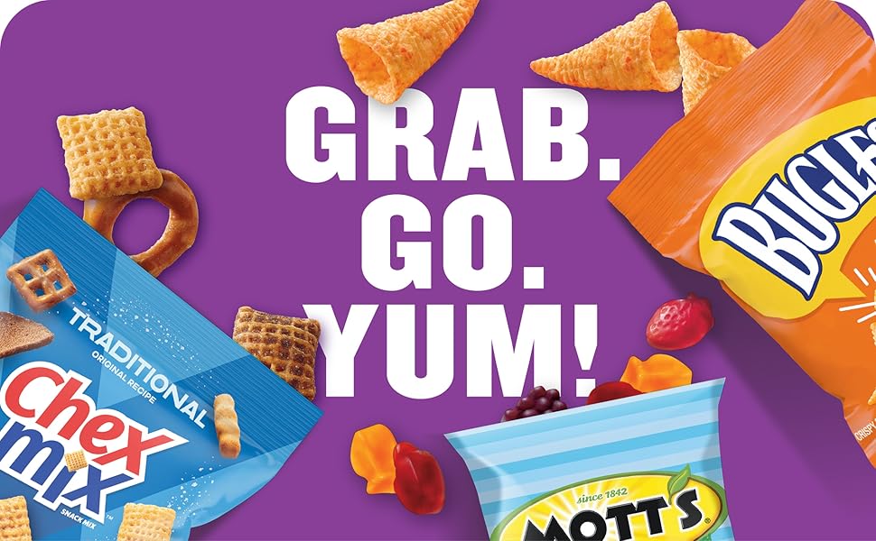 Chex Mix, Mott’s, and Bugles with the words grab, go, yum