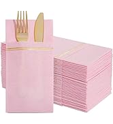 Nervure 100PCS Pink Paper Napkins with Built-in Flatware Pocket - Pink and Gold Prefolded Cloth L...
