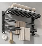 VOLDRA 24-Inch Towel Rack,Bathroom Towel Shelf with 2 Towel Bar Foldable Towel Holder with 7 Hook...