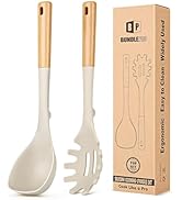 Silicone Soup Ladle and Spaghetti Spoon Set with Wooden Handle, Non Stick Heat Resistant Kitchen ...