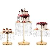 Metal Mirror Cake Stand Set with Crystal Pendants - Elegant Dessert Table Display for Weddings, B...