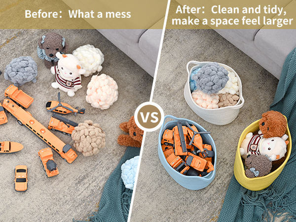 Before and after comparison showing a messy floor with toys vs a tidy space with cotton rope basket