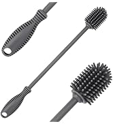 Multiple views of a grill brush with heavy-duty bristles and long handle, showing different angles and cleaning positions. Gray and black color scheme throughout.