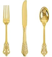 bUCLA HEAVYWEIGHT 150PCS Gold Plastic Silverware Disposable - Extra Heavy Duty Plastic Cutlery - ...