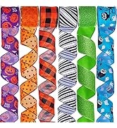 6 Rolls Assorted Halloween Wired Ribbons Bulk Jack-O'-Lantern & Spider Web Owl Printed Buffalo Ch...