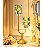 TECHYAP Mid Century Modern Table Lamp Dimmable Vintage Green Glass Lamp | Nightstand Lamp Gold De...