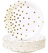 CENLBJ White and Gold Party Supplies, Gold Dot Paper Dessert Plates (50-Count)