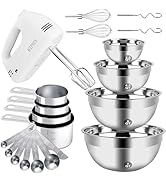 WEPSEN Hand Mixer Electric Mixing Bowls Set, 5 Speeds Handheld Mixer with 4 Nesting Stainless Ste...