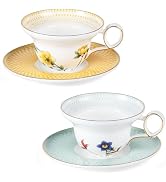 KAMMAK Ceramic Coffee Cups Saucers Set of 2, Porcelain Espresso Cups with Saucers, 5.92 oz Handma...