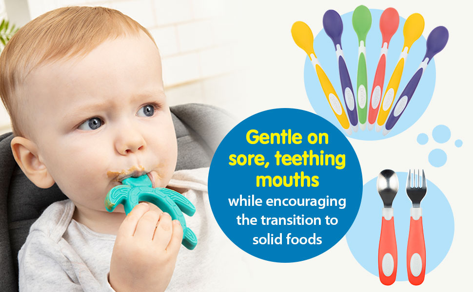 Dr. Brown's utensils are gentle on sore, teething mouths + encourage the transition to solid foods