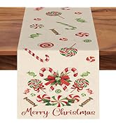 Croar Merry Christmas Peppermint Candy Dining Table Runner, Xmas Candy Cane Lollipop Burlap Kitch...