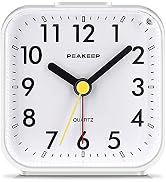 Peakeep Small Battery Operated Analog Travel Alarm Clock Silent No Ticking, Lighted on Demand and...