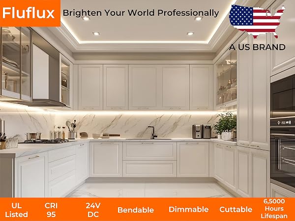 Fluflux UL listed COB Strip Light CRI 95 24V DC bendable, dimmable, cuttable, durable, small, thin