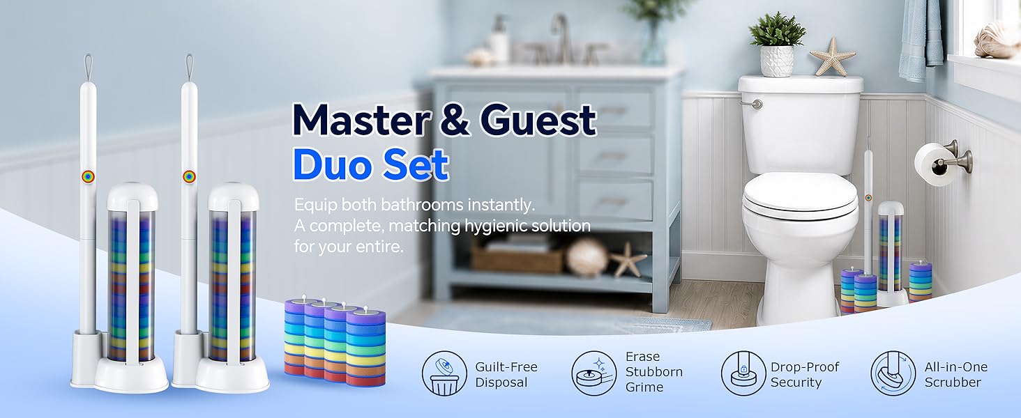 2-pack disposable toilet wand for master & guest bath. Drop-proof all-in-one pad erases grime.