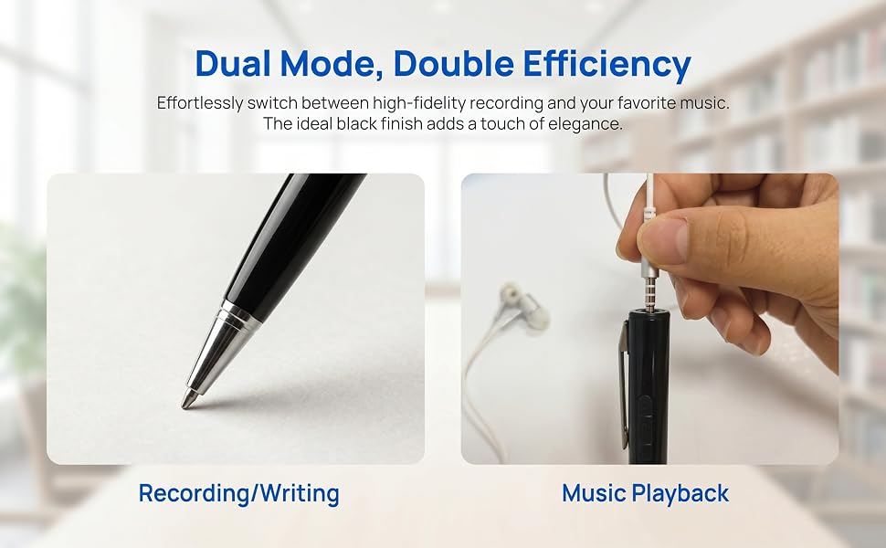Voice recorder pen dual mode: writing/recording and MP3 playback, elegant black design for work