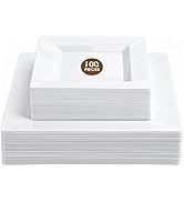 Pryntono 100 Pack White Square Plastic Plates, Includes 50 Dinner Plates 9.5" and 50 Dessert Plat...