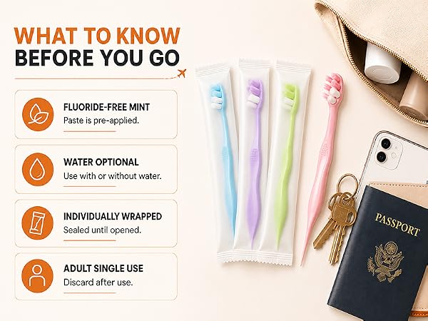 TuckPoki prepasted toothbrush features: fluoride-free mint, water optional, individually wrapped.