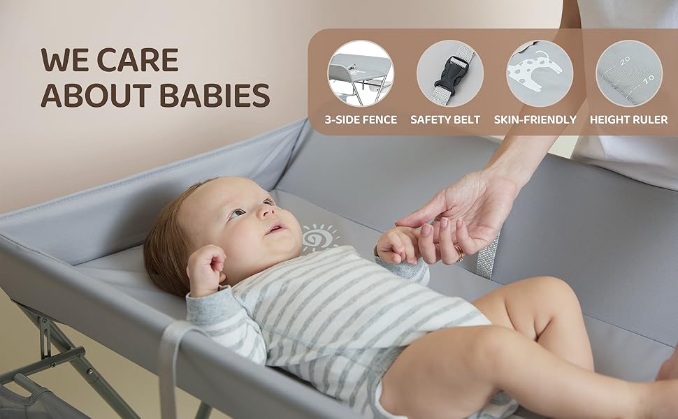 Text reads 'WE CARE ABOUT BABIES'. Product demonstration showing baby monitoring system with multiple viewing angles of infant in crib.