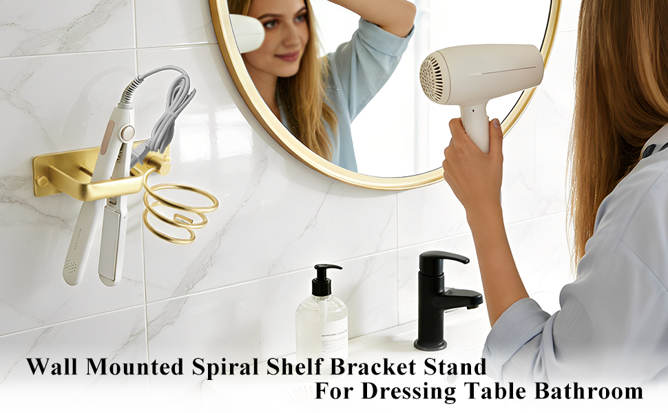 Text reads 'Wall Mounted Spiral Shelf Bracket Stand For Dressing Table Bathroom'. Image shows bathroom organization setup with mounted spiral holder and hairdryer demonstration.