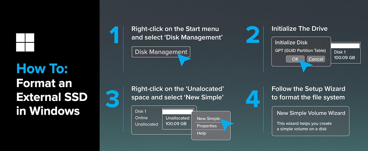 Windows guide showing how to format external drive in ssd case using Disk Management tool.