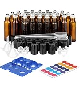 ComSaf Glass Essential Oil Roller Bottles, Set of 24, 10 ML Amber Glass Bottles with Stainless St...