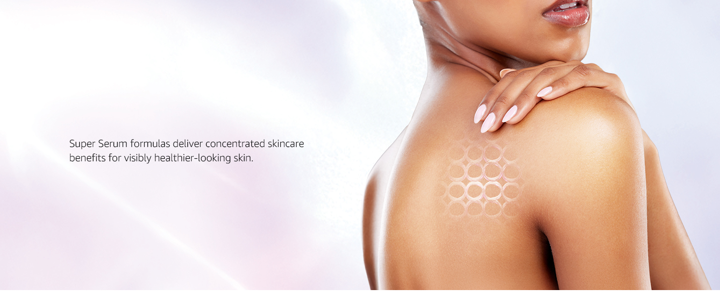 A woman touching her shoulder, promoting Super Serum formula