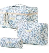 HBselect Quilted Makeup Bag, 3PCS Cotton Large Travel Makeup Bag, Cute Floral Coquette Make up Ba...