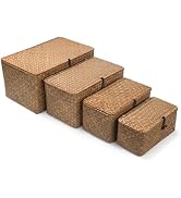 Wicker Basket with Lid, Seagrass Storage Basket, Woven Baskets for Storage, Decorative Storage Ba...