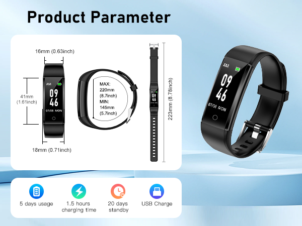 Fitness tracker specifications showing dimensions, battery features, and a black smart band with digital display against blue background.