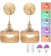 Shenmoyl Battery Operated Wall Sconce with Amber Striped Shade Pattern Glass Adjustable Chain Ret...