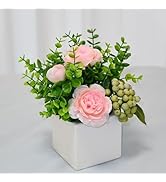 Artificial Flower Arrangement With White Ceramic Flowerpot, Arranged With Artificial Pink Roses A...