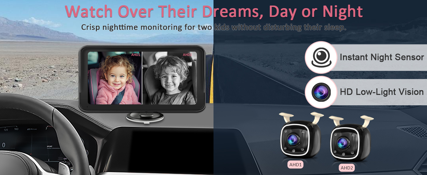 Dual IR Night Vision Cameras, Easy No-Damage Install Ideal Car Seat Monitor for Parents and Pet