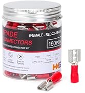 HKS 150PCS Female Vinyl Insulated Spade Connector Red 22-16 AWG - 6.3mm 1/4" Electrical Quick Dis...