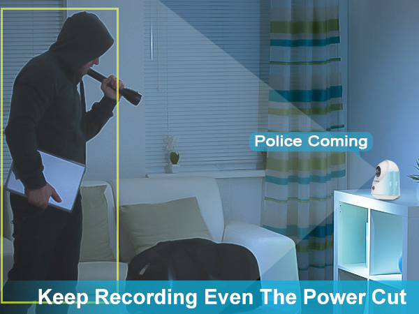 Security camera view of a dimly lit room with a figure entering through a window. Text overlay reads 'Keep Recording Even The Power Cut' and 'Police Coming'.