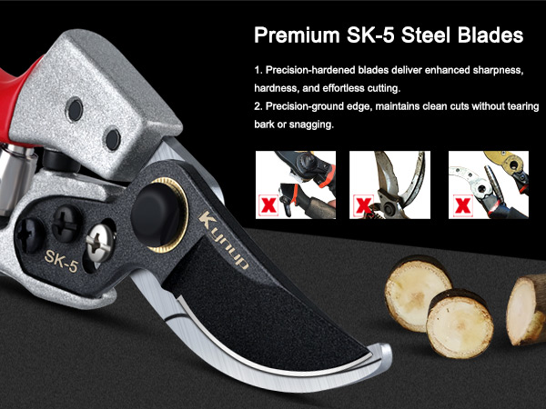 Text reads 'Premium SK-S Steel Blades'. Product demonstration showing blade cutting through potatoes, with multiple angles of the cutting action.