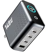 148W USB C Fast Charger Block, 4 Ports GaN III Chagring Station with Smart Screen Display, 140W P...