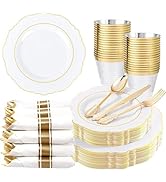Liacere 175pcs Gold Plastic Plates - White and Gold Disposable, 50PCS Plastic Dinner Plates, Perf...