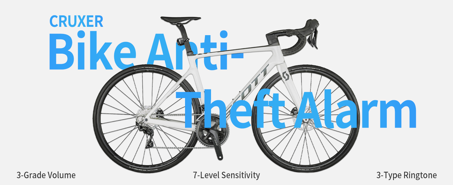 Text reads 'CRUXER Bike Anti-theft Alarm'. Marketing image showing three identical bicycles with text overlay indicating 3-Grade Volume, 7-Level Sensitivity, and 3-Type Ringtone features.