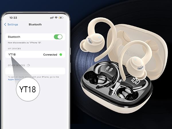 Wireless earbuds in charging case shown alongside smartphone displaying app interface with YT18 text visible.