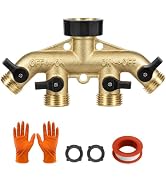 Caravista 4 Way Brass Hose Splitter - Heavy Duty 3/4" Brass Hose Faucet Manifold - Four Outlet wi...
