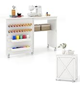 Giantex Folding Sewing Table - Farmhouse Sewing Machine Cabinet with Barn Door, 18 Pegs, 2 Storag...