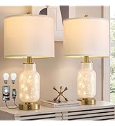 Oneach 22" Glass Table Lamps Set of 2, White Modern Bedside Lamp with LED Night Light for Living ...