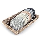 Boho Coasters for Drinks with Seagrass Basket Holder Set,12 Pcs Handmade Woven Absorbent Insulati...