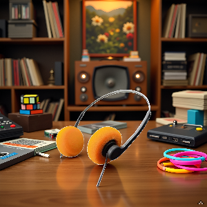 A retro cassette player surrounded by colorful vinyl records.