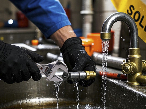 Plumber using adjustable wrench for pipe repair - high carbon steel wrench with non-slip grip