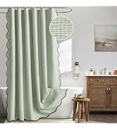 MIULEE Sage Green Scalloped Shower Curtain Linen Textured with 12 Metal Hooks Cute Heavy Duty Was...