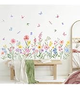 Tanlaby Flower Wall Decals Floral Grass Wildflower Wall Stickers with Butterfly Plant Peel and St...