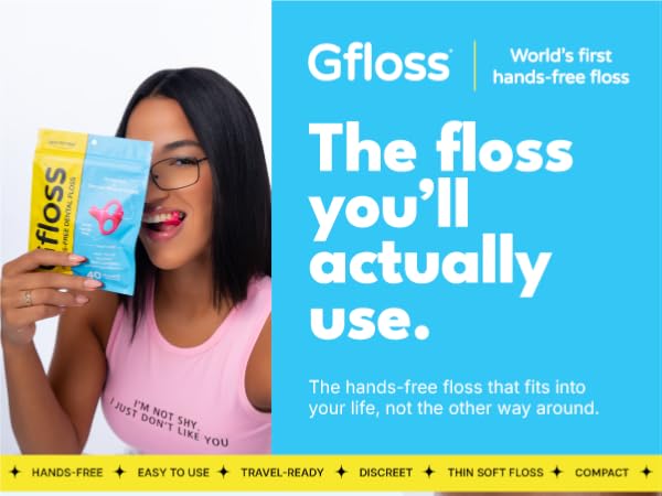 Gfloss bag held by young woman, smiling with a gfloss between her teeth