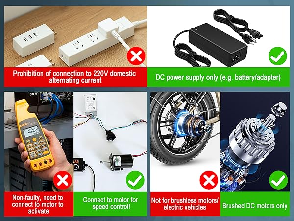 Cannot be used with AC power / Not applicable to brushless motors and electric vehicle motors